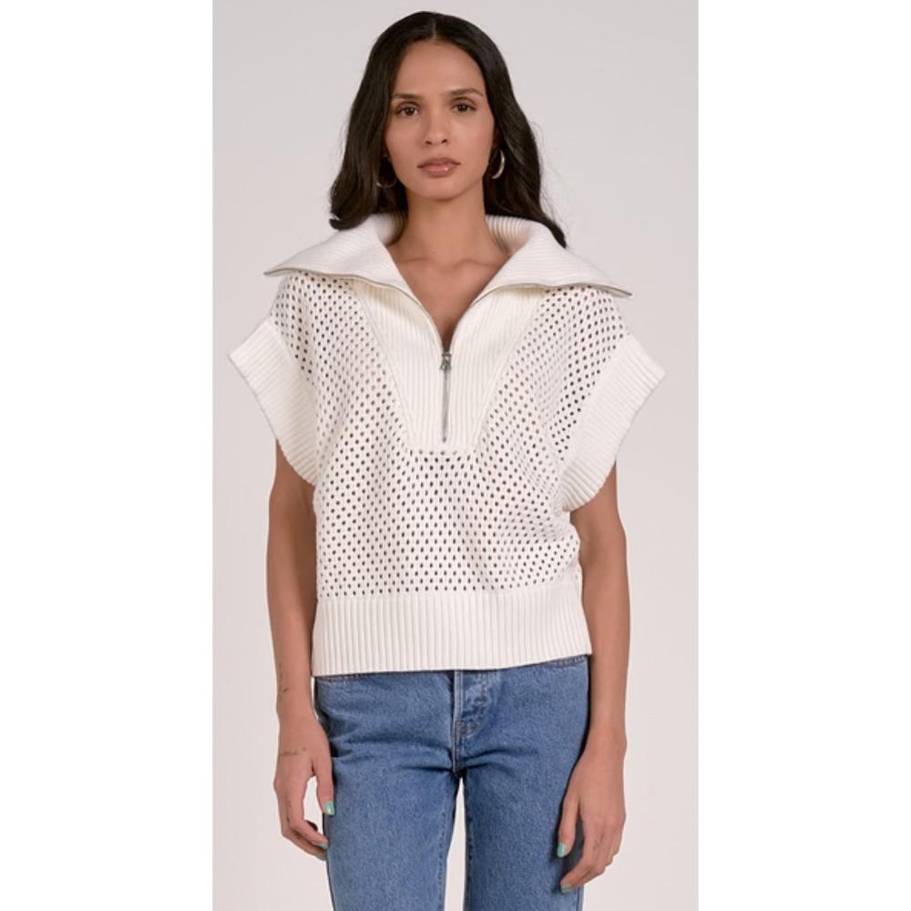 Elan White Cotton Open Knit Quarter Zip Sweater Vest SW11444 Womens Medium
